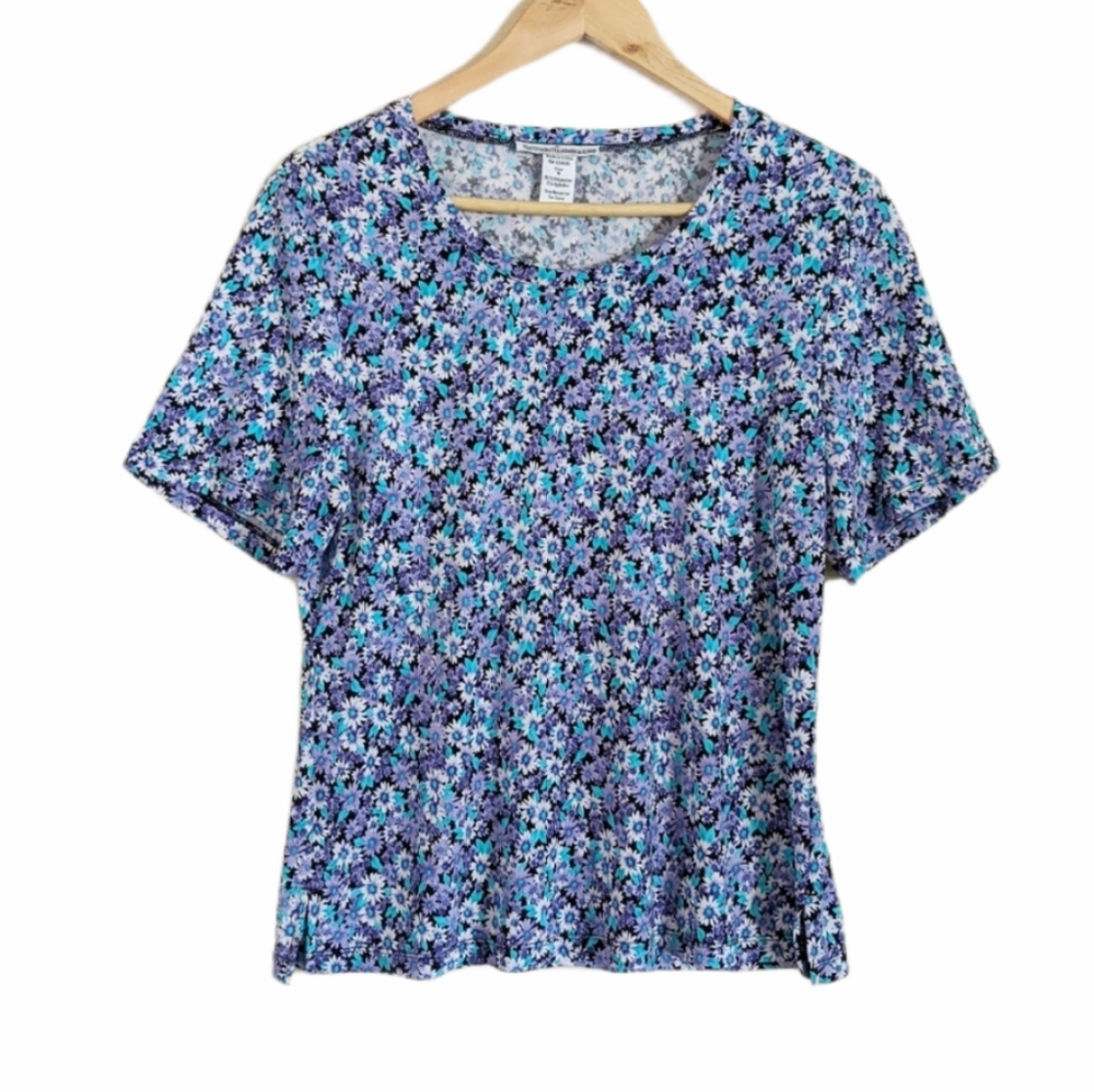 VTG 90s Floral Purple Blue Print Blouse Size Med